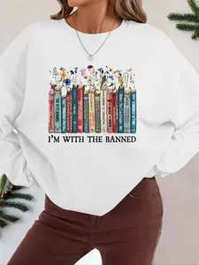 Women's Cartoon Book Print Round Neck Sweatshirt, Fashion Casual Crew Neck Long Sleeve Pullover for Daily Wear, Women's Clothes for Fall & Winter