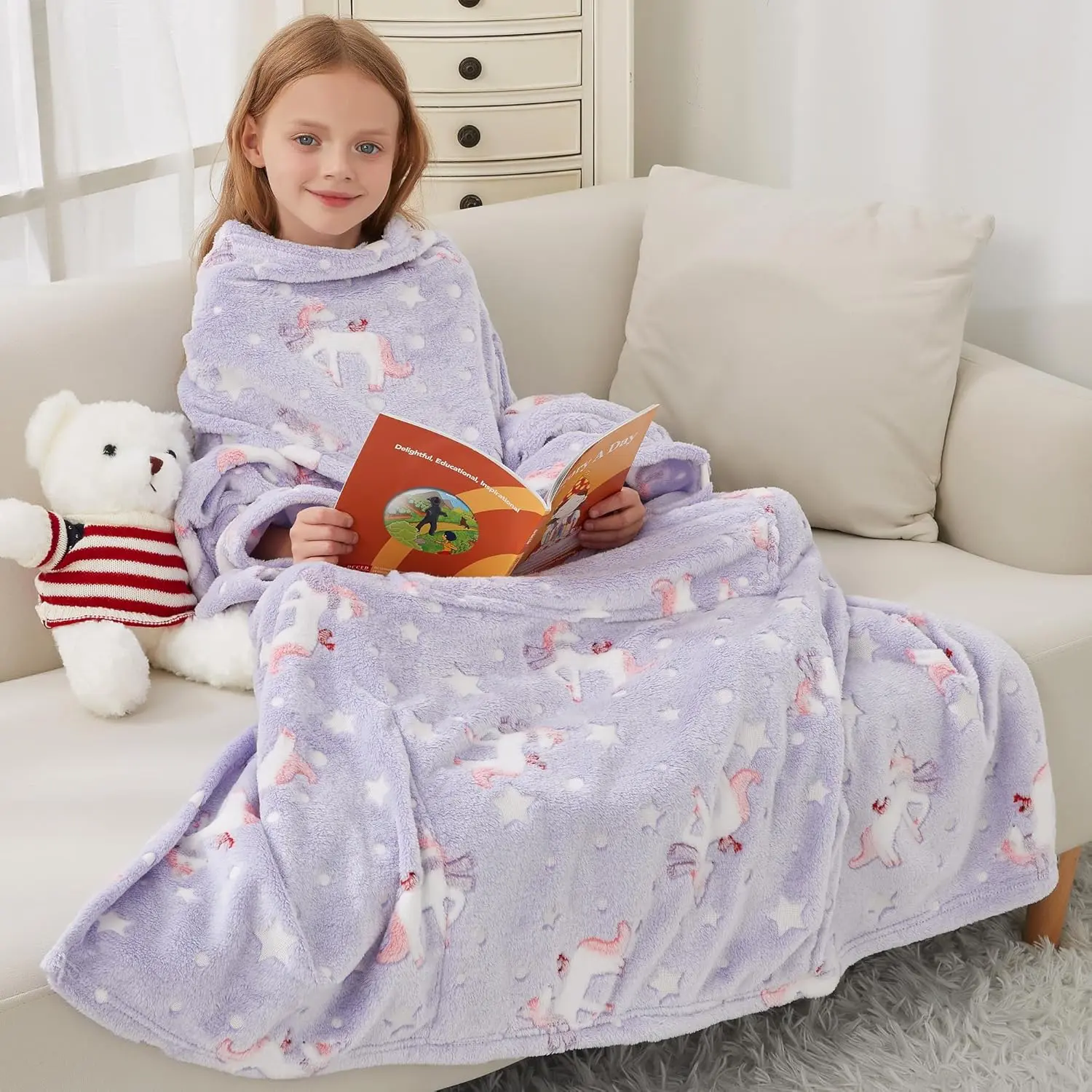 Wearable Fleece Blanket with Sleeves & Foot Pocket for   , Lightweight Soft Blanket,Glow in the dark Unicorn