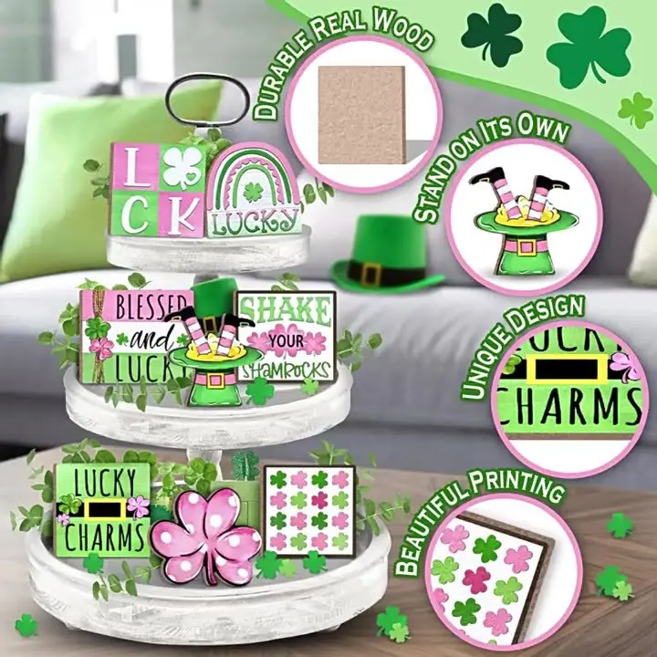 8 Piece Lucky Clover Tiered Tray Decor Set Charming Home Party Centerpiece Perfect Gift For Daughters Friends St Patricks Day Housewarming Spring Decorations Wooden Ornaments christmas decorations