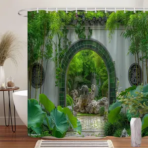 1Pc Nature Garden Shower Curtain Bamboo Plants Elephant Stone Statue Vintage Bathroom Decor Polyester Fabric Bath Hanging Curtain 70.8x70.8 Inch with 12 Hooks