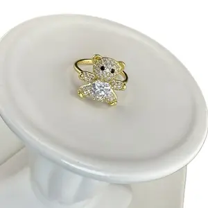Bear Women's Ring with Clear Zircon Stone and Gold Pated Band