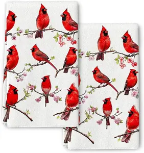 Cardinal Bird Red Kitchen Towels Set of 2 Christmas Decor Tea Towels Absorbent Dish Cloths Hand Drying Baking Cooking Cloth for Kitchen Holiday Decor, Cardinal Bird Lovers Gifts