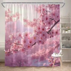 1Pc Spring Cherry Blossom Shower Curtain Polyester Fabric Bathroom Decor Flower Pattern Bath Tub Divider Hanging Curtain 70.8x70.8 Inch with 12 Hooks