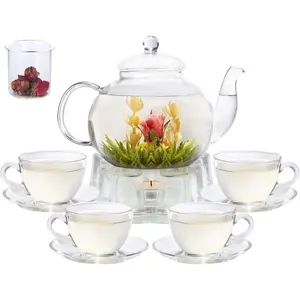Teapot Set, 40OZ/1200ml Stovetop Safe Tea Kettle with Removable Infuser & Tea Warmer, Set of 4, Blooming Tea & Loose Leaf Tea Maker Set for,4 Teacup and Saucers