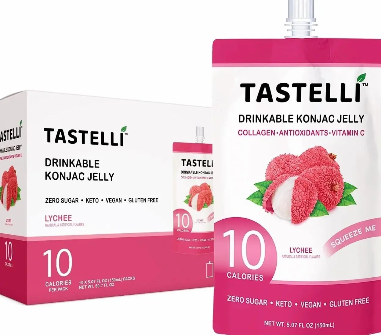 Tastelli Konjac Jelly Infused with Collagen Drink + Vitamin C + Antioxidants / 10 Calories, Vegan, Zero Sugar/Healthy Drinkable Dessert Pouch / (Lychee) - 150mL x 10 Pouches