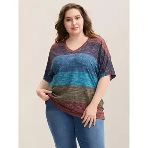 BLOOMCHIC Plus Size Lady's Short-Sleeve Multi-Color Striped Spandex T-Shirt - 2026 Summer Streetwear Pick Casual Stone-Inspired Flattering Fit Garment for Mother's Day 2026 Summer Vibes Swimweek