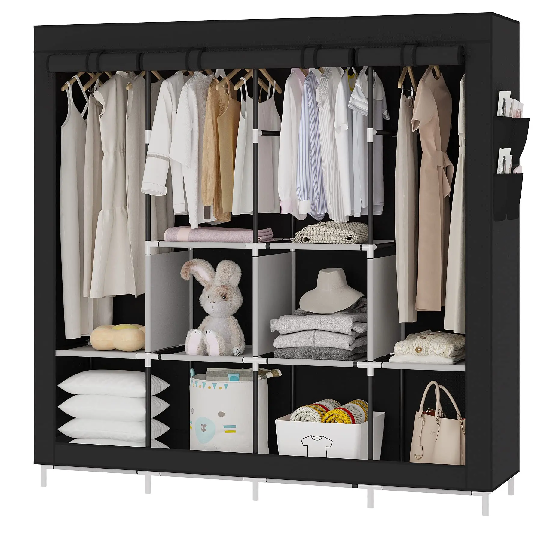 Portable Closet Large Wardrobe Closet Clothes Organizer with 6 Storage Shelves, 4 Hanging Sections 4 Side Pockets,Black