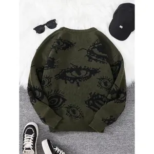 Men's All Over Eye Print Drop Shoulder Sweater, Regular Fit?Casual Comfy Long Sleeve Round Neck Jumper, Men's Fall & Winter Knitwear for Daily Wear