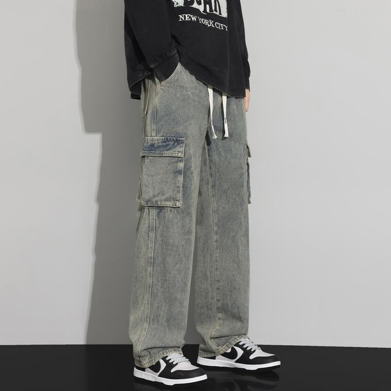 Men's Spring & Autumn Loose-Fit Cargo Jeans, Trendy Retro Light-Wash Casual Trousers, American Street Style Straight-Leg Pants with Large Pockets and Drawstring Waist
