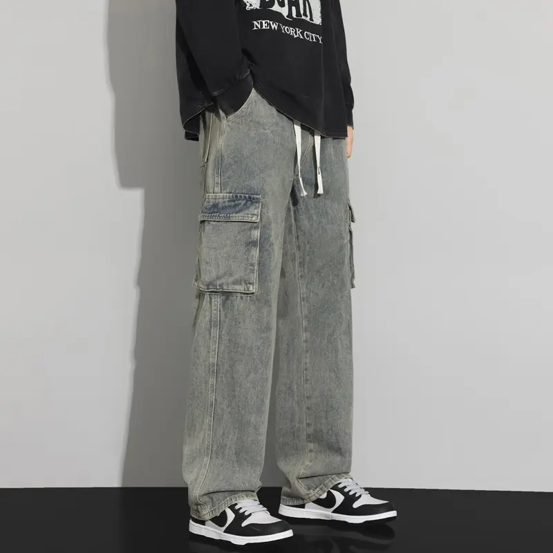 Men's Spring & Autumn Loose-Fit Cargo Jeans, Trendy Retro Light-Wash Casual Trousers, American Street Style Straight-Leg Pants with Large Pockets and Drawstring Waist