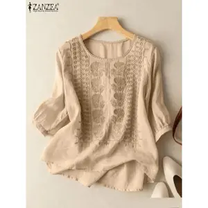 New styleZANZEA Summer Vintage Lace Crochet Blouse O Neck 3/4 Sleeve Tops Casual Embroidery Shirt Solid Party Work Blusas Oversize