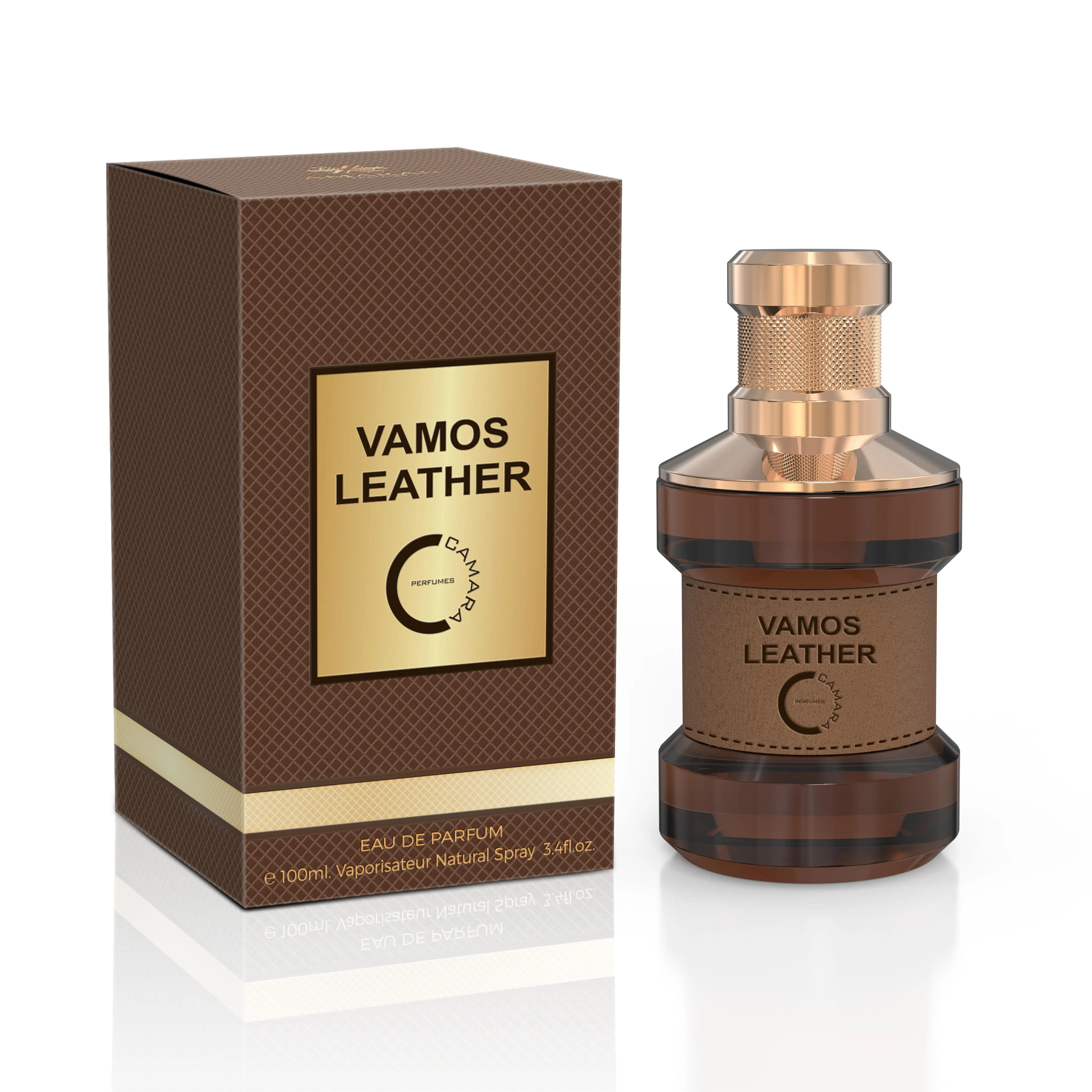 Vamos Leather by CAMARA Men's Premium Quality EDP, 100ml/3-3.9 fl oz Liquid Fragrance, Woody-Spicy-Herbal Jasmine Scent with Amber & Suede, Alcohol-Containing, Aluminum-Free for Adults, BPI Certified Single Item