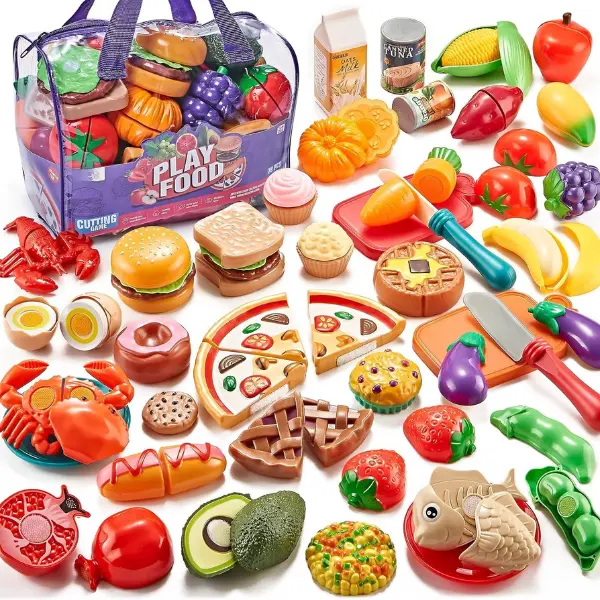 Pretend Play Food for Kids Kitchen, 78Pc Cutting Toy Food with Storage Bag