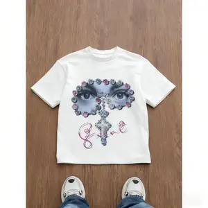 Men's Loose Fit Graphic Print T-Shirt, Y2K Style, Gem Embellished Eye Cross Pattern, All-Season Casual Wear, Unisex Street Fashion Streetwear