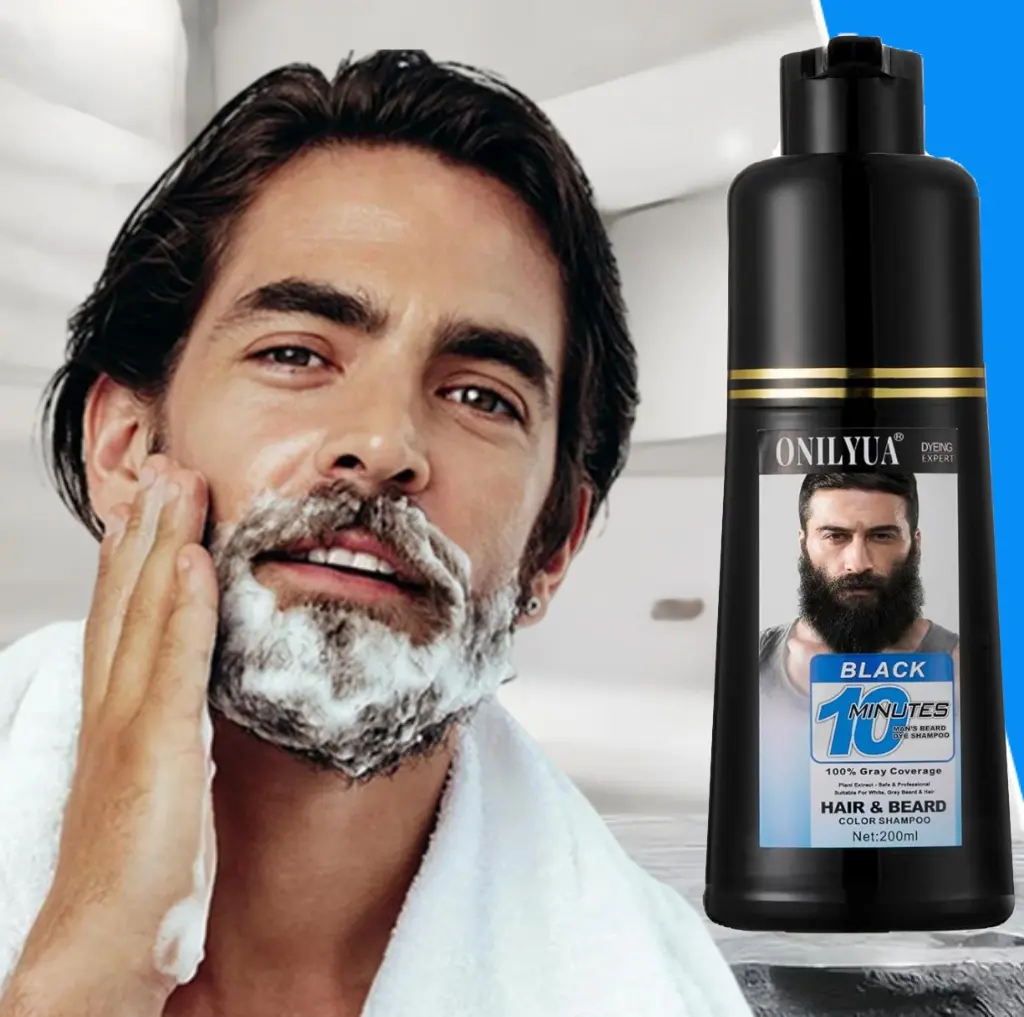 Men's 3-in-1 Beard & Mustache Dye Shampoo - Cleansing Hair Coloring Liquid for Adults' Beard Care Routine, Instant 100% Grey Coverage, Easy-to-Use, Dermatologist-Tested, Smoothing, 200ML Facial Hair Care Item