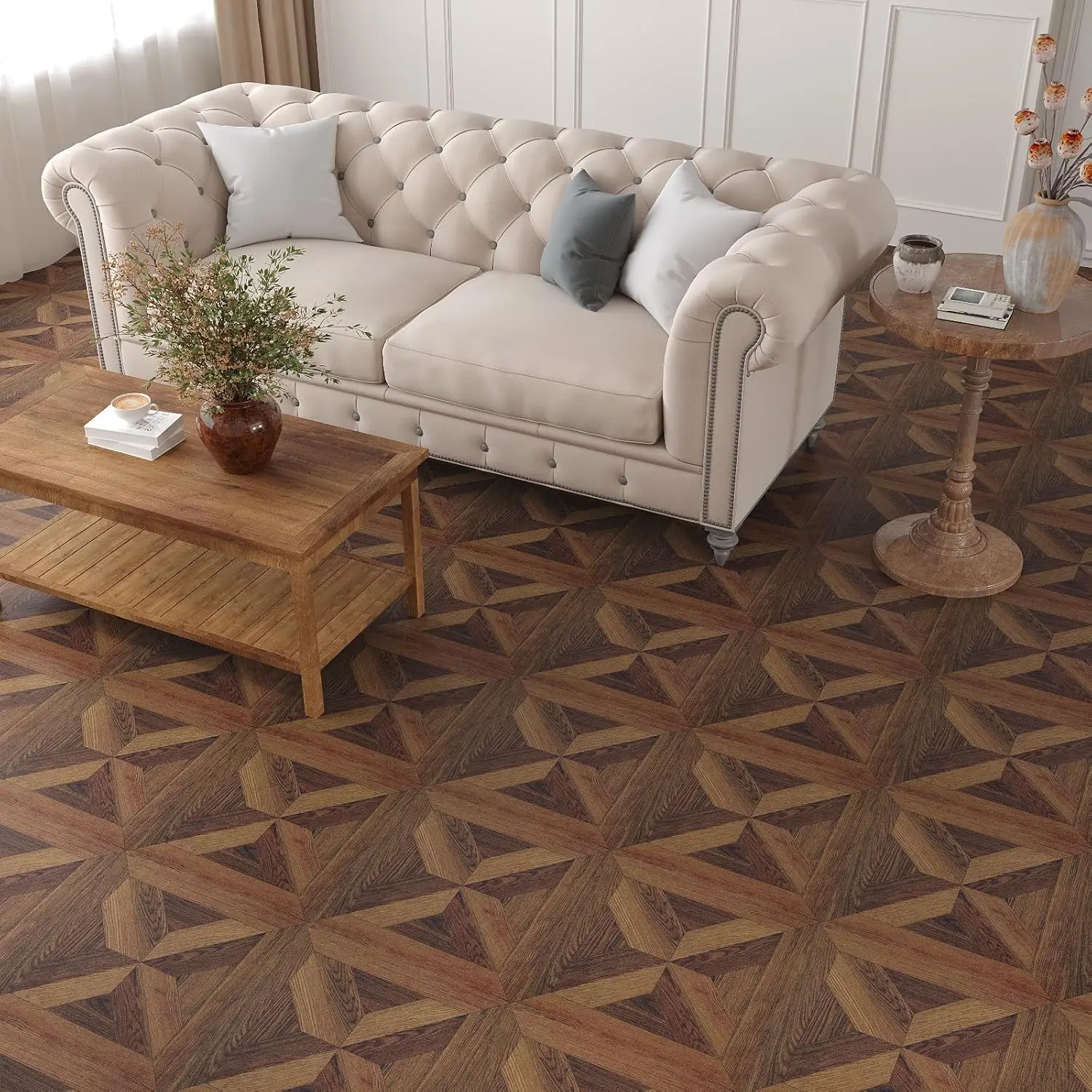 VEELIKE Dark Walnut Parquet Peel and Stick Floor Tile 12'' x59'' Wood Grain Vinyl Flooring Roll Waterproof Self Adhesive Espresso Wood Decal Floor Covering Sheet Laminate Flooring for Kitchen Bathroom