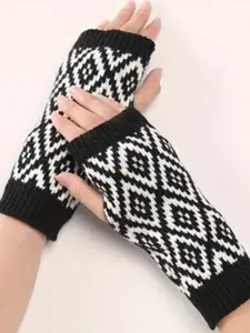 Women's Knitted Arm Warmers, Fashionable Short Gloves, Colorblock Diamond Pattern, Winter Accessories, Soft & Cozy Design