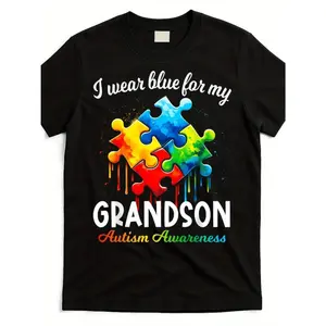 Autism Awareness "I Wear Blue For My Grandson" Puzzle Piece Graphic T-Shirt - Grandma & Grandpa Supportive Design, Unisex Adult Short Sleeve Round Neck Heavyweight Tee, All-Season For Autism Acceptance & Sensory-Friendly Casual Wear