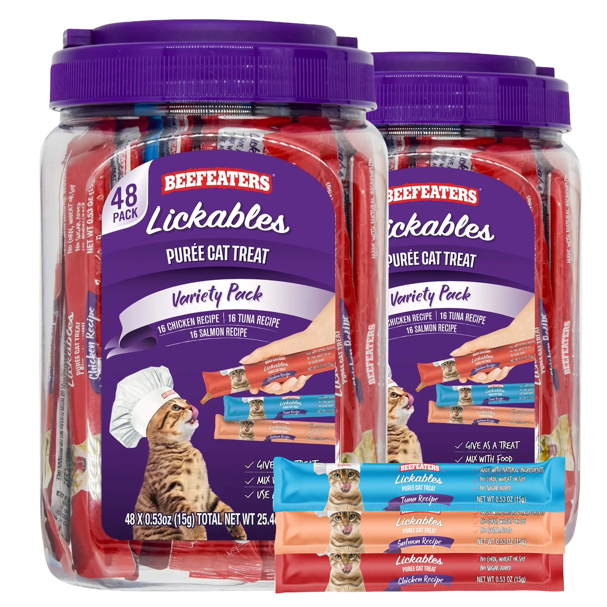 Beefeaters Lickable Cat Treats 48 Count (2 Pack) – Puree Squeeze Up Tubes Variety Pack (Salmon, Tuna & Chicken) | Grain Free, Taurine Enriched, High Moisture for Picky Eaters | Cat Treat Topper or Snack