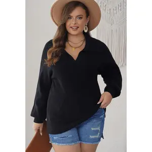 Plus Size Collared Neck Long Sleeve Sweater