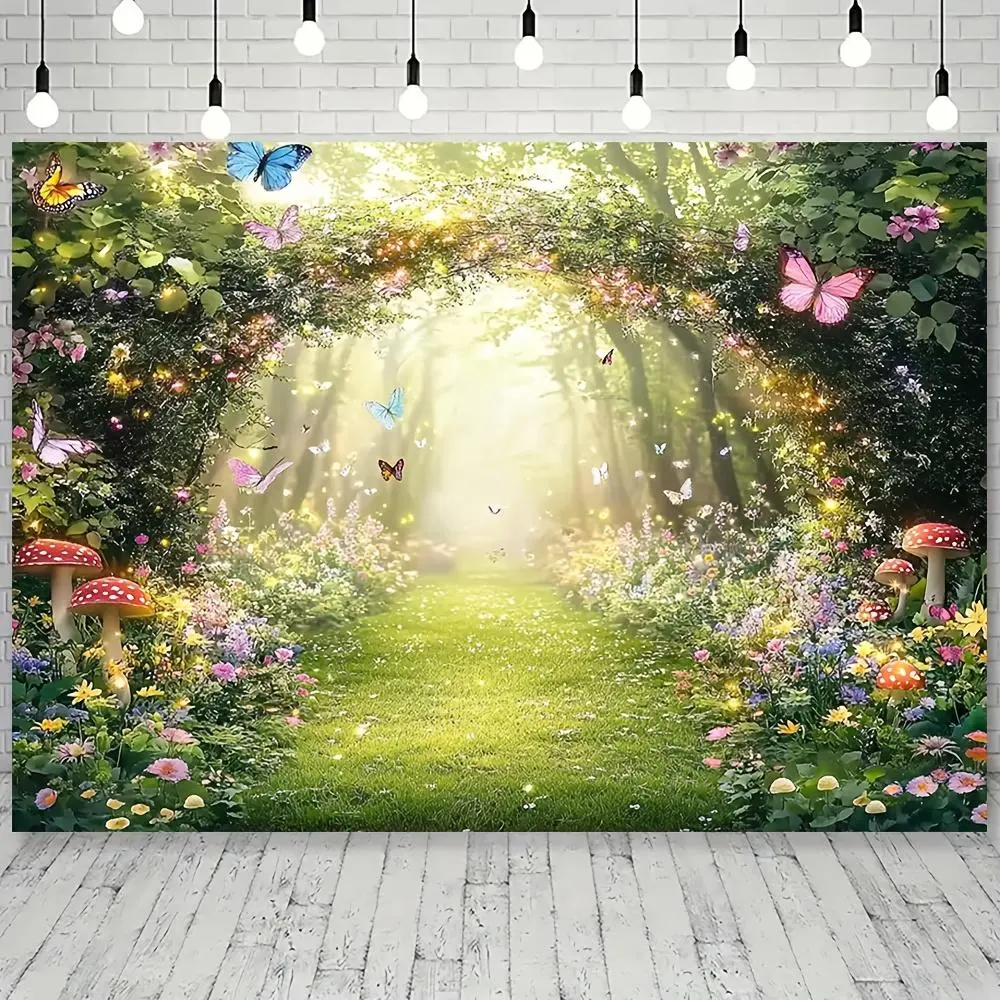 1pc Enchanted Forest Butterfly Wonderland Polyester Backdrop Banner - Vibrant Spring Fairy Tale Scene, Sunlit Path, Colorful Flowers, Fluttering Butterflies - Reusable Outdoor Banners, Happy Birthday Party Photo Backdrops, 51.46 Meters