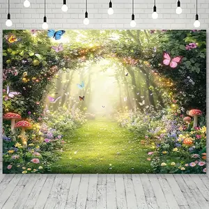 [Enchanted Forest Backdrop] 1pc Enchanted Forest Butterfly Wonderland Backdrop - Vibrant Spring Fairy Tale Scene with Sunlit Path, Colorful Flowers, and Fluttering Butterflies - Perfect for Birthday