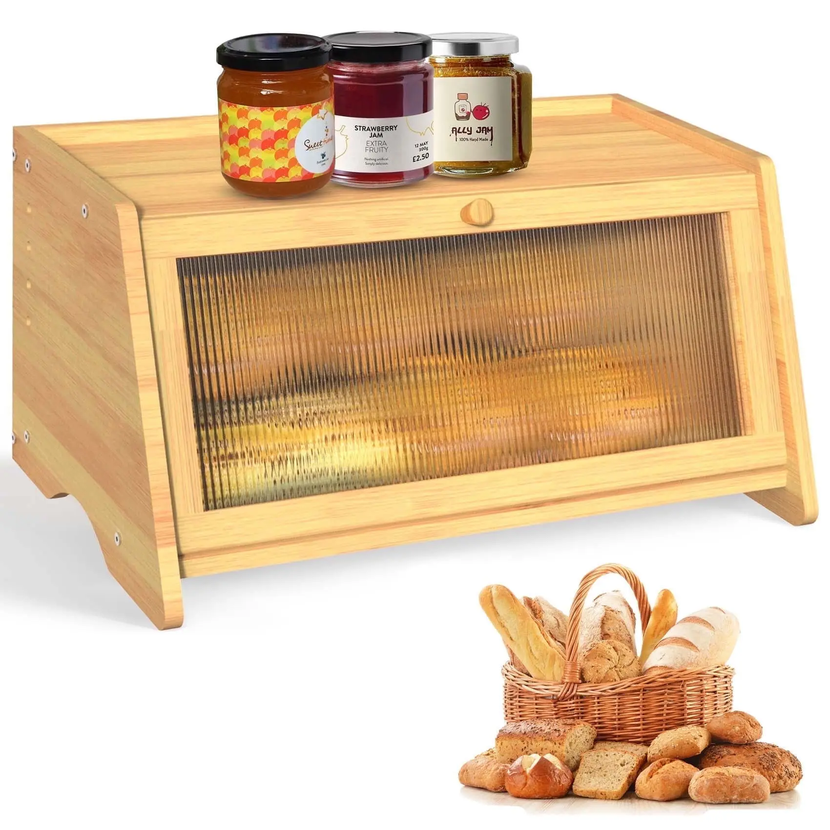 Zhengwanhh09j Airtight Bamboo Bread Box for Kitchen Counters - 15.74" x 6.69" x 7.87" Wood Food Storage Bin, 5 lb Capacity Acrylic Farmhouse Vintage Kitchen Decor Organizer for Bread Lovers’ Homemade Toast