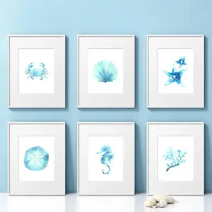 Set of 6, Blue Watercolor Coastal Beach Wall Art Prints Set, Complete Collection Featuring Seashell Sea Horse Coral Sand Dollar Starfish and Crab on Premium 110 lb Matte Cardstock Frame Ready 8x10 Size for Easy Decorating, Beach House Decor