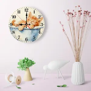 12 Inch Cute Cat in Basin Wooden Wall Clock| Silent Sweep Movement Watercolor Floral Style Decor for Home, Bathroom, Battery Not Included, Ideal Gift for Cat Lovers