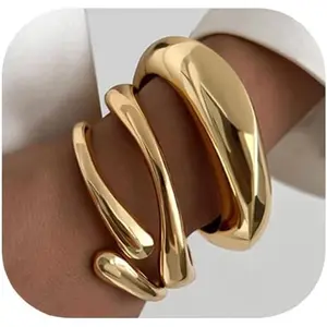 Chunky Bangle Bracelets for Women Dainty Plated Big Stackable Bangles Set Trendy Cuff Bracelet Stack Fashion Jewelry Gifts Gold-Tone 6cm Diameter 17.5cm Inner Circumference Thoughtful Gift for Any Occasion