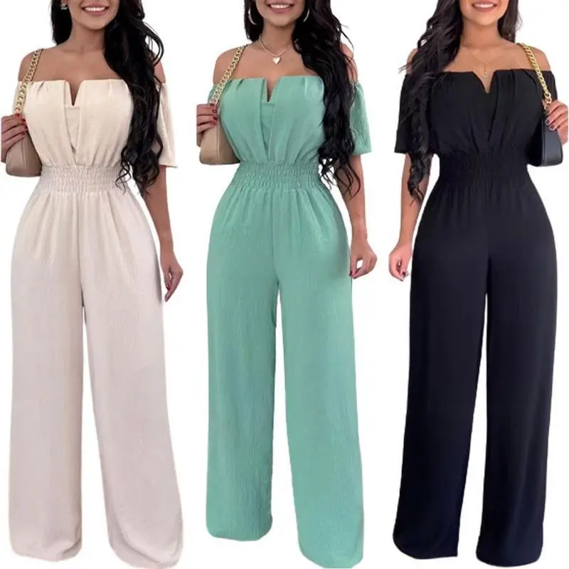 2025 off-Neck Waist Trimming Loose Straight Jumpsuit Women's V-neck All-Matching Work Pants Womenswear Everyday Piece Shortsleeve