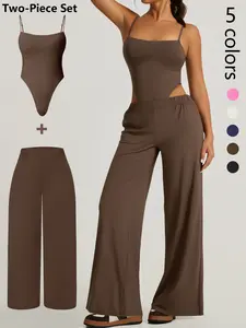 OPAAK Women Solid Backless Tracksuit Set High Waist Triangular jumpsuit Slim Straight Versatile Jogging SlacksOutfits for Yoga Gym Workout