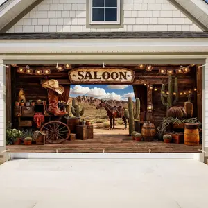 13x6 FT Western Cowboy Garage Door Banner - Wild West Desert Wooden Barn Door Backdrop for Rodeo Horse Photography,Birthday Party Supplies,Man Cave & Rustic Wall Decor,Waterproof Outdoor Decorations
