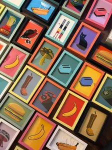 Mini Framed Art Prints - 2x3 inch illustrated Print in fun colorful wooden frame with Real Glass and magnetic Backing - Tabletop or Wall Display Home Decor - Cute unique gift