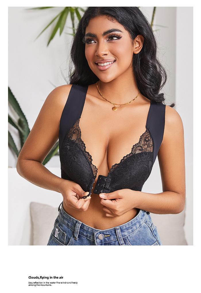 Plus Size Wireless Front Closure Lace Everyday Bra, Light Stretchy Fabric, Customized Fit for Womenswear, Back Smoothing Supportive Bra for Outfit & Workout