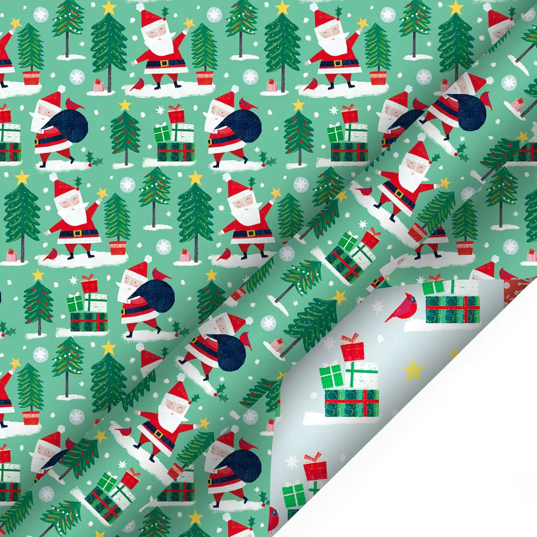 Reversible Holiday Wrapping Paper (30"x10') - Christmas Design with Winter Friends, Santa, Cardinal - Ideal for Gifts, Office Stationery Wrapping Supplies