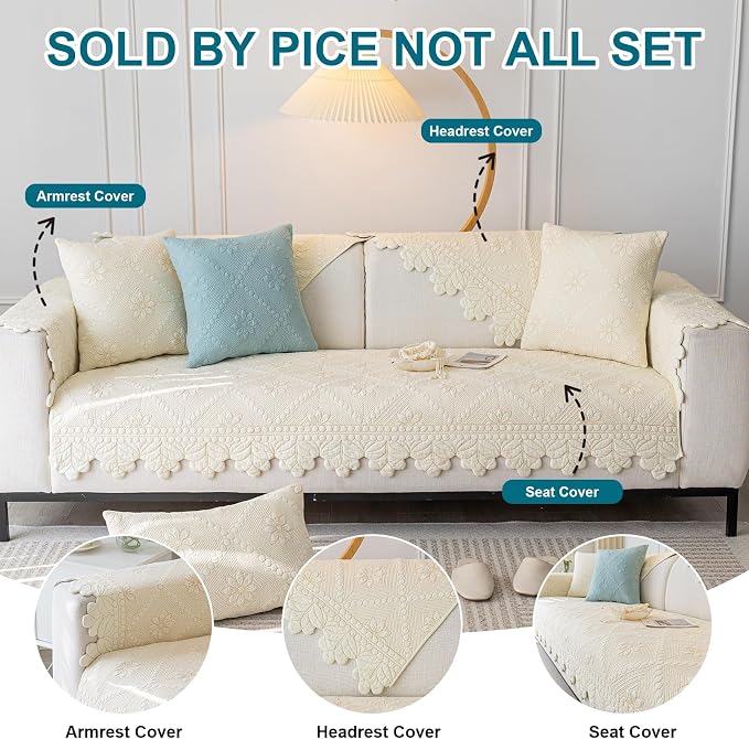 Cotton Quilted Dog Couch Cover for Sofa Farmhouse Rustic Embroidery Sectional Couch Cover Soft Anti-Slip Sofa Slipcover Furniture Protector for Kids, Pets 27.6"D x 70.9"W x 1"H)