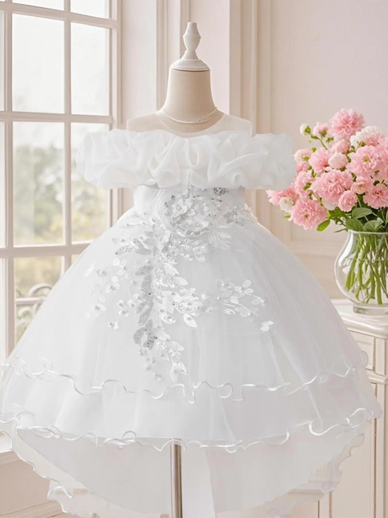 Girl's Glitter Sequin Decor Multi-layer Tulle Sweater Dress, Elegant Round Neck Sleeveless Party Dress for Wedding Guest, Kids Clothes for Four Season