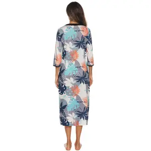 One piece floral women's zipper robe 3/4 sleeve cotton robe with pockets long pajamas bathrobe loungewear pajamas