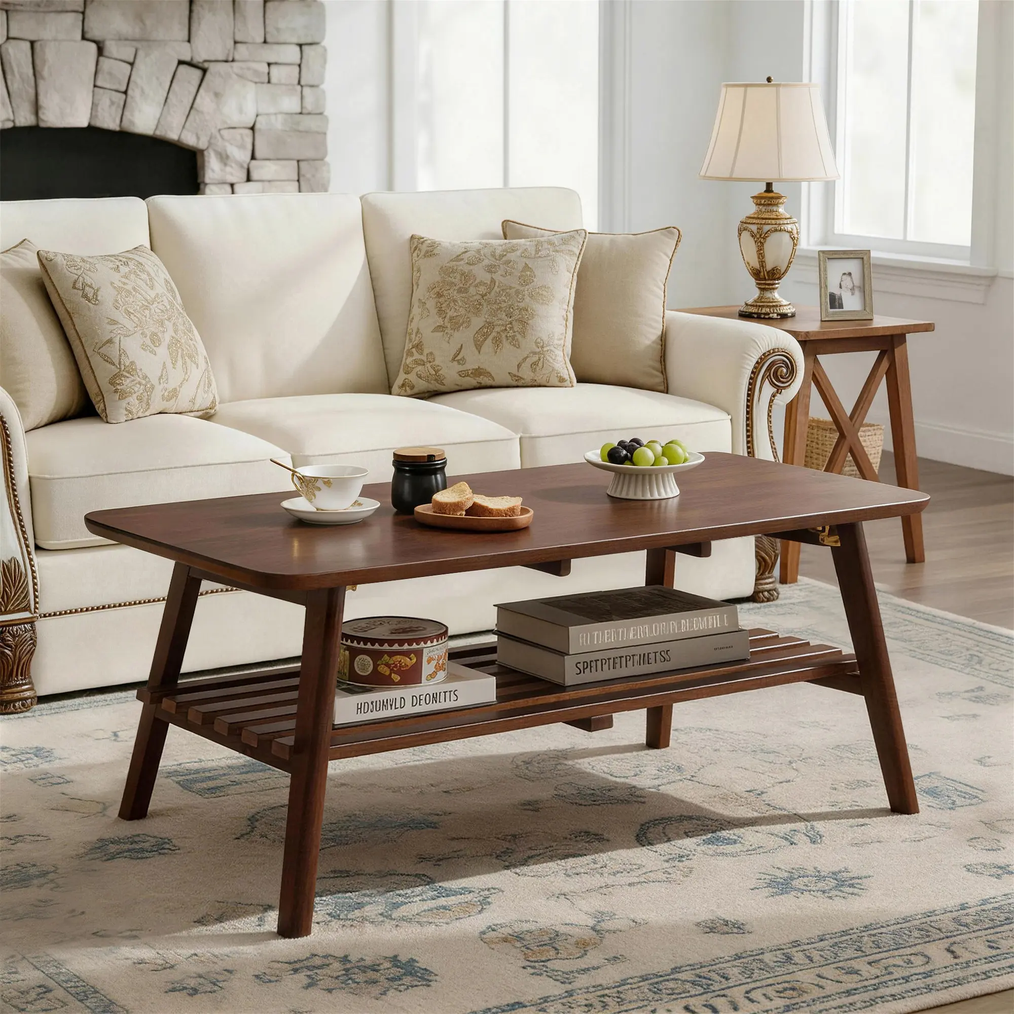Foldable coffee table with storage rack, wooden coffee table, medieval-style rectangular living room center table, walnut brown