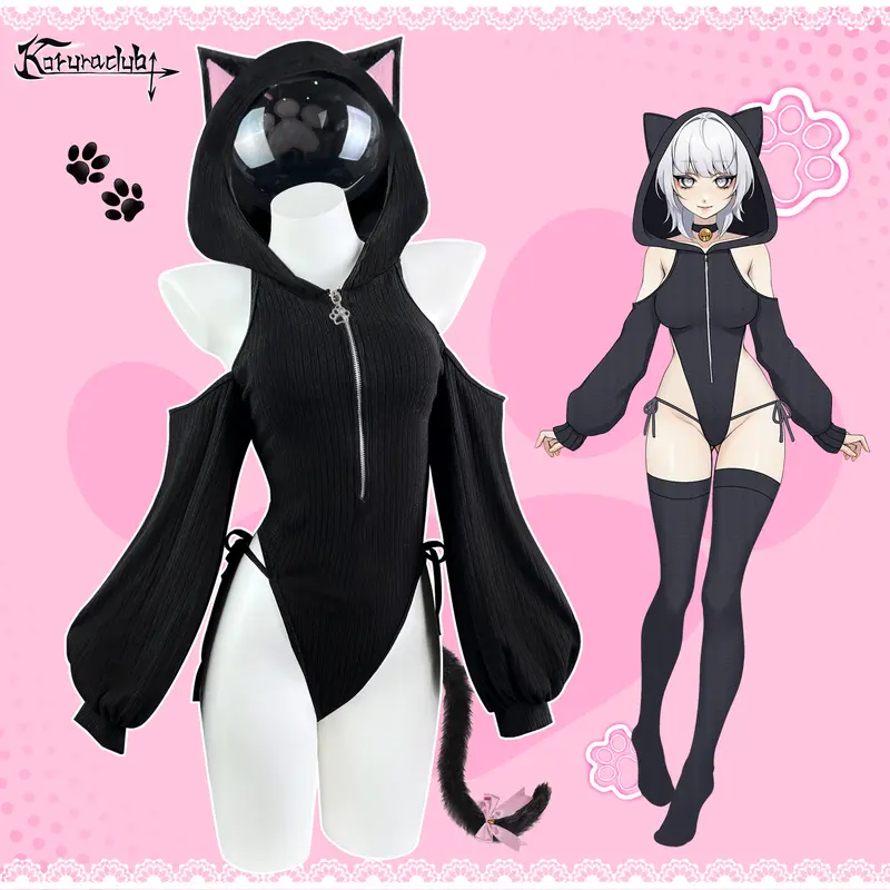 KORURACLUB Women's Off-Shoulder Long-Sleeve Ribbed Cat Hoodie Bodysuit Romper with Zipper & Tail Detail, Y2K Black Cute Lingerie Outfit, No