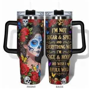 1pc 40oz/30oz/22oz/20oz/14ozCup Stainless Steel Vacuum Insulated Flask Tumbler With Sugar Skull Lady Roses Butterfly Design, Leakproof Large Capacity, Needed for Gym, Hiking, Travel Ideal Birthday Gift Perfect Gift, Insulated Travel Drinkware