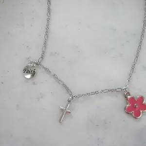 Silver Chain Charm Necklace with Faith, Cross, and Flower Charms Elegant Jewelry Accessory
