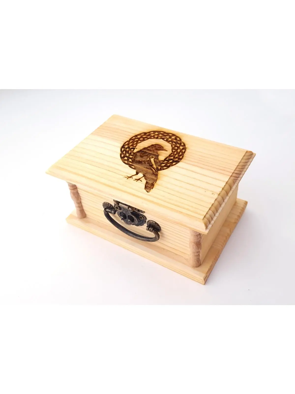 Celtic Raven Engraved Wooden Storage Box, Home Organiser for Small Items