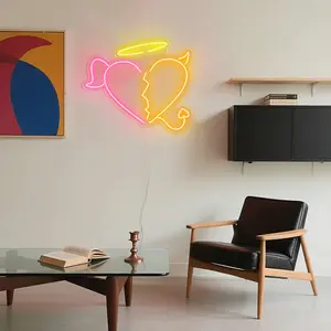 LC SIGN Split Angel Devil Heart Neon Sign - Y2K Aesthetic Pink & Orange LED Light - Trendy Wall Decor for Bedroom & Gaming Room - Unique Couple & Valentine's Day Gift