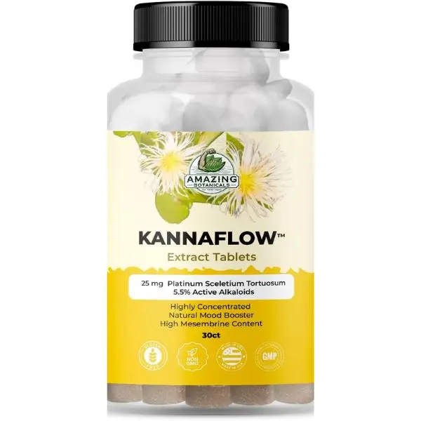Botanical Tablet-Based Non-GMO Mineral Supplements - Amazing Botanicals Edible Platinum Kannaflow Sceletium Tortuosum Kanna Extract, 25mg, 5.5% Active Alkaloids, High Mesembrine Content, GMP Certified, 30 Count