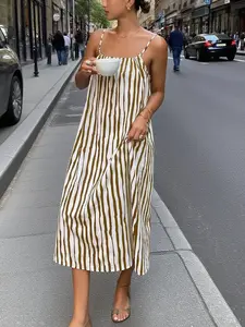 Women's Striped Casual Comfy Classy Chic Long Dress, Spaghetti Strap, Sleeveless, Woven Fabric, Fitted Style, Moderate Thickness, All Season Wear, Perfect for Daily