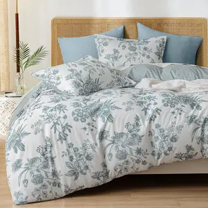 Cozy Farmhouse Decorative Duvet Cover Set, 3-Piece Reversible Floral Bedding Set with Zipper Closure & 8 Corner Ties, Pre-washed  Soft Bedding for Bedroom, Living Room, Hotel, and Apartment Decoration, Bed Sets