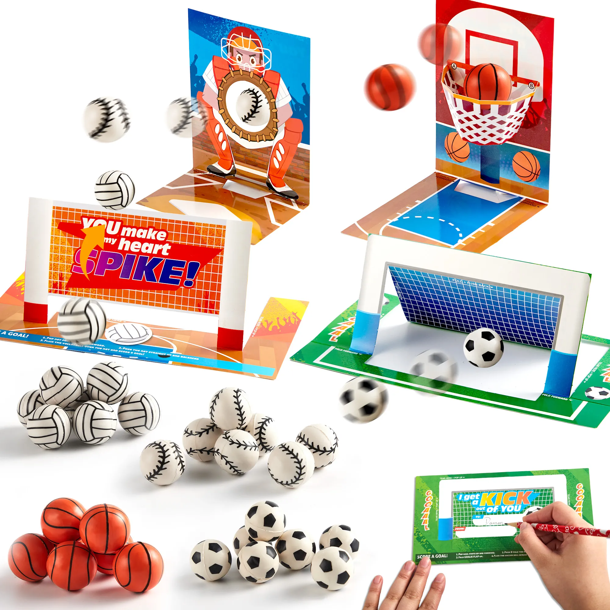 28Pcs Soccer Football Volleyball Basketball with Kids Valentines Cards 2025 Valentine Exchange Cards