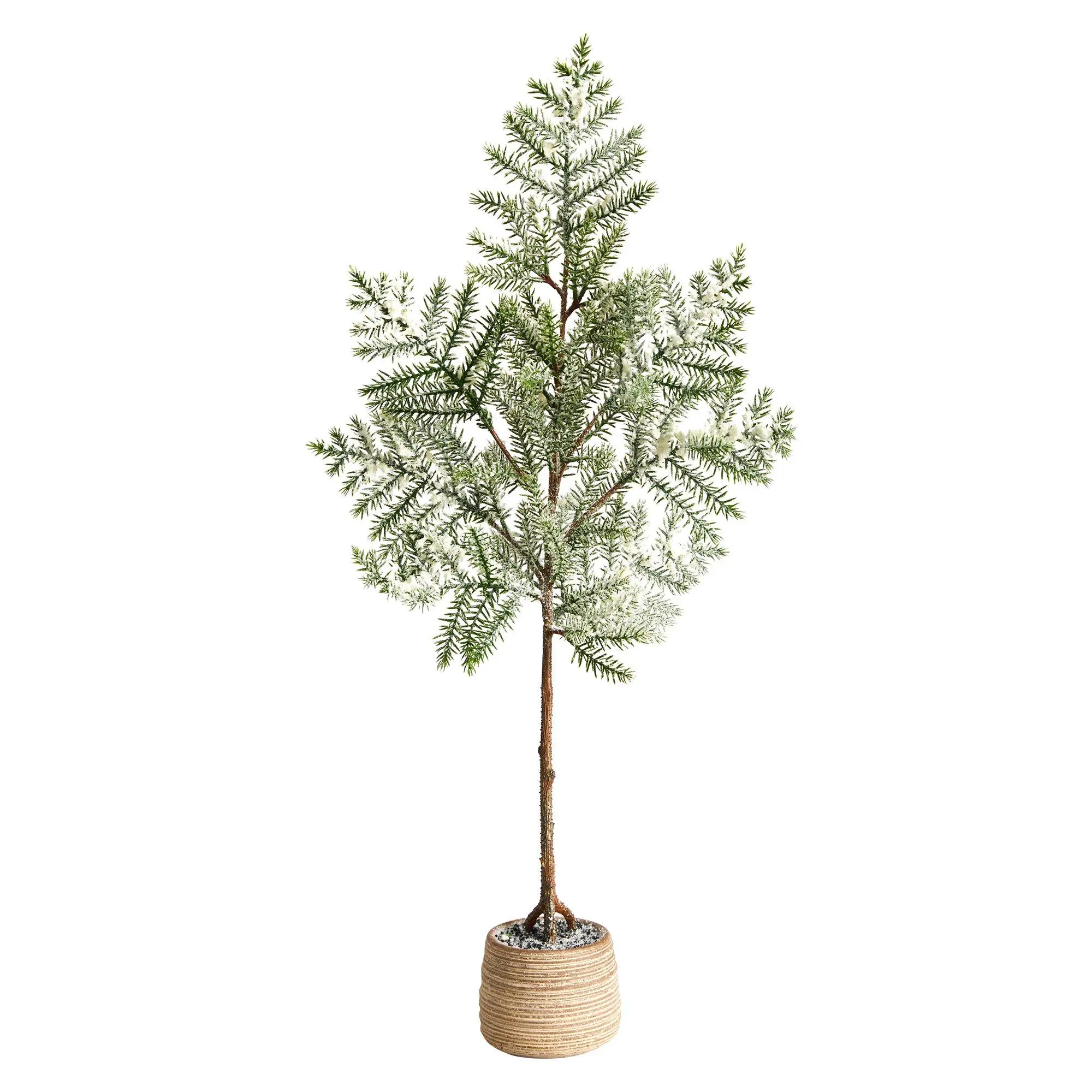 35'' Compact Frosted Pine Artificial Christmas Tree - Minimalist, Sparse Design with Ornaments, for Corner Display in Decorative Planter, Tropical Edgy Christmas Home Decor